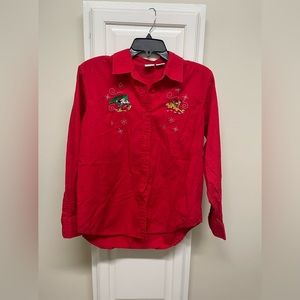 Disney Red Button Up Shirt Mickey Pluto Embroidered Christmas Shirt - Women's M
